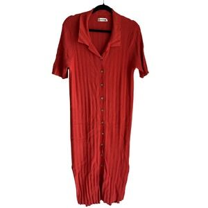The Normal Brand Ribbed Knit Collared Button Front Midi Dress Orange Size L NWOT